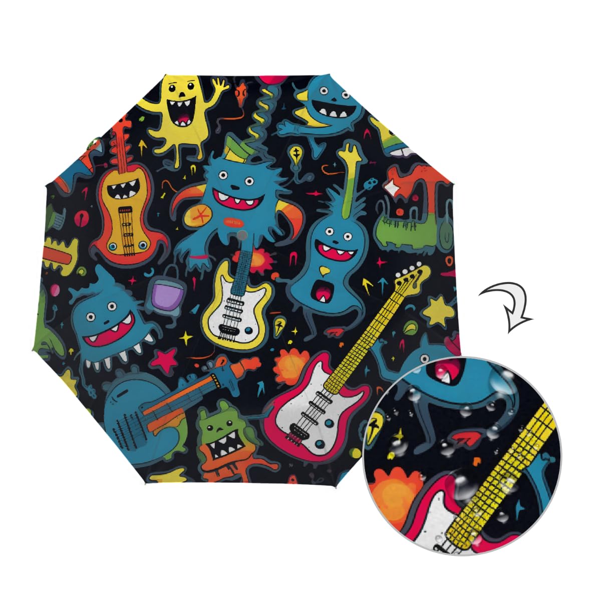 Paraguas plegable con cierre automático, guitarra loca, moderna, abstracta, hiphop, música juvenil, arte callejero, resistente a los rayos UV, automático, portátil, ligero, paraguas de lluvia
