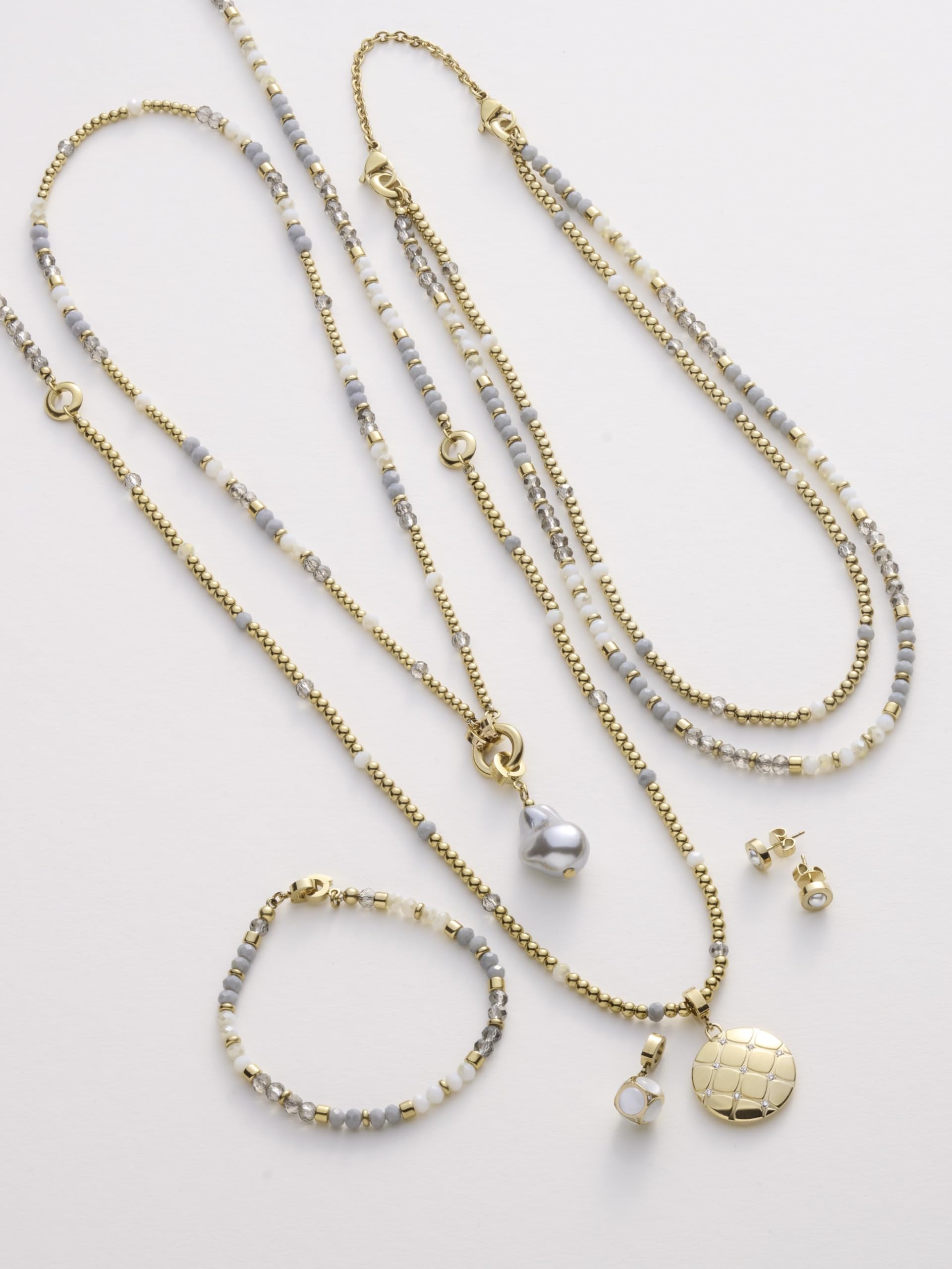 JEWELS BY LEONARDO Halskette Clip & Mix Bernie • Hals-Schmuck aus goldfarbenem Edelstahl • Glasschliffperlen in Weiß- und Grautönen • 42-43,3 cm Länge • Schmuck Geschenk für Frauen • 025573
