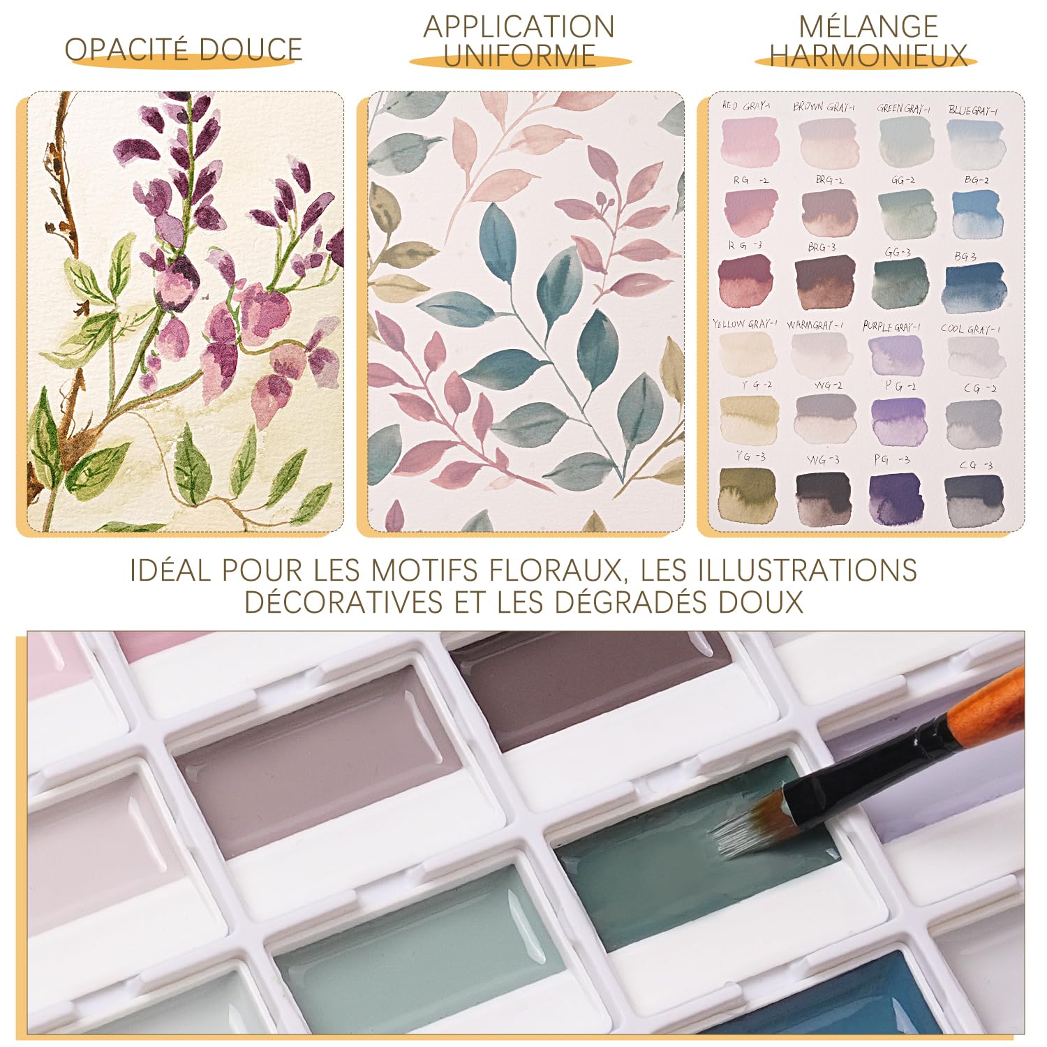 Peinture Aquarelle Opaque - Set de 24 Aquarelles Semi-humides avec Palette de Mélange | Faible Saturation, Couleurs Mates et Haut Pouvoir Couvrant | idéal pour Artistes et Amateurs