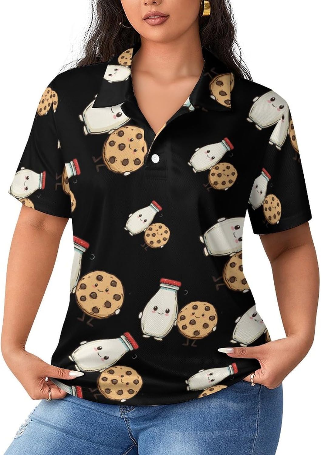 Milk and Cookies Food Womens Golf Polo Shirts Summer Short Sleeve Collared 3 Buttons T Shirt Activewear Tops