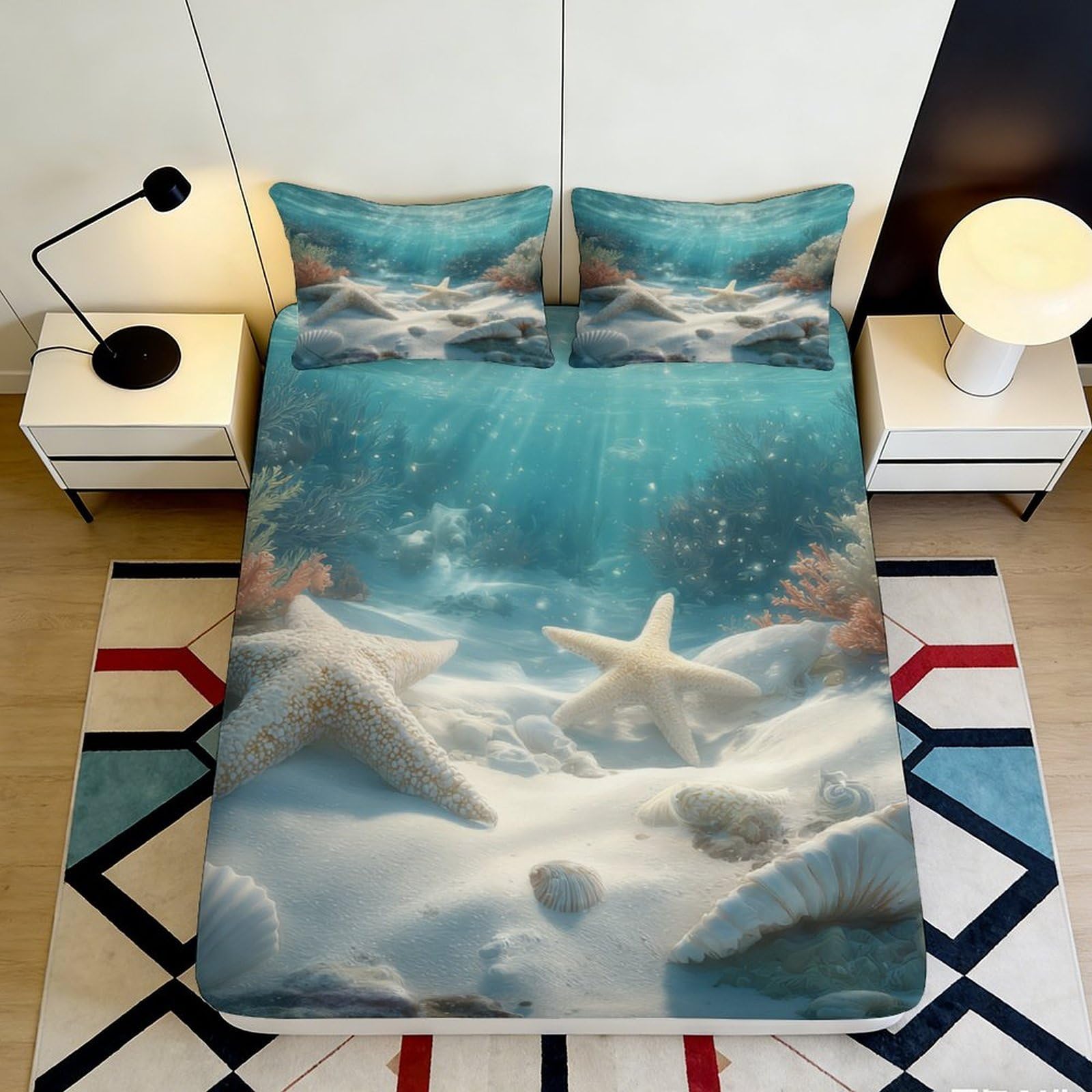 3D Printed Underwater Starfish Fitted Sheet Microfiber Ocean Coral Bed Cover Bedroom Guest Room Mattress Protector 90x200x25cm