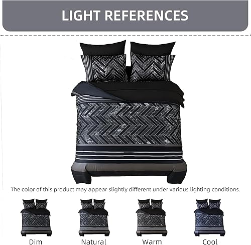 Miniatura 7 de Luxudecor Juego de edredón morado tamaño King de 7 piezas a rayas moradas y negras en una bolsa, juego de edredón geométrico y sábanas de microfibra