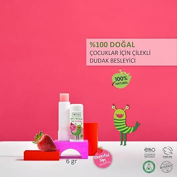INCIA%100 Doğal Kids Dudak Besleyici Çilek Bitkisel Nemlendirici Dudak Bakım Kremi 6 G