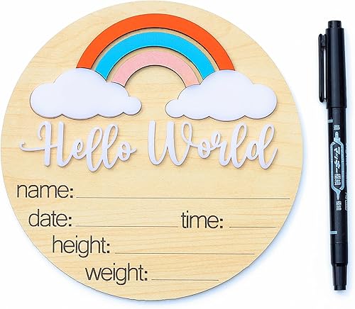Letrero de anuncio de madera para bebé, arcoíris de Hello World, 1 pieza, 3 elementos personalizables, dimensional 3D, fácil de mostrar, gran regalo