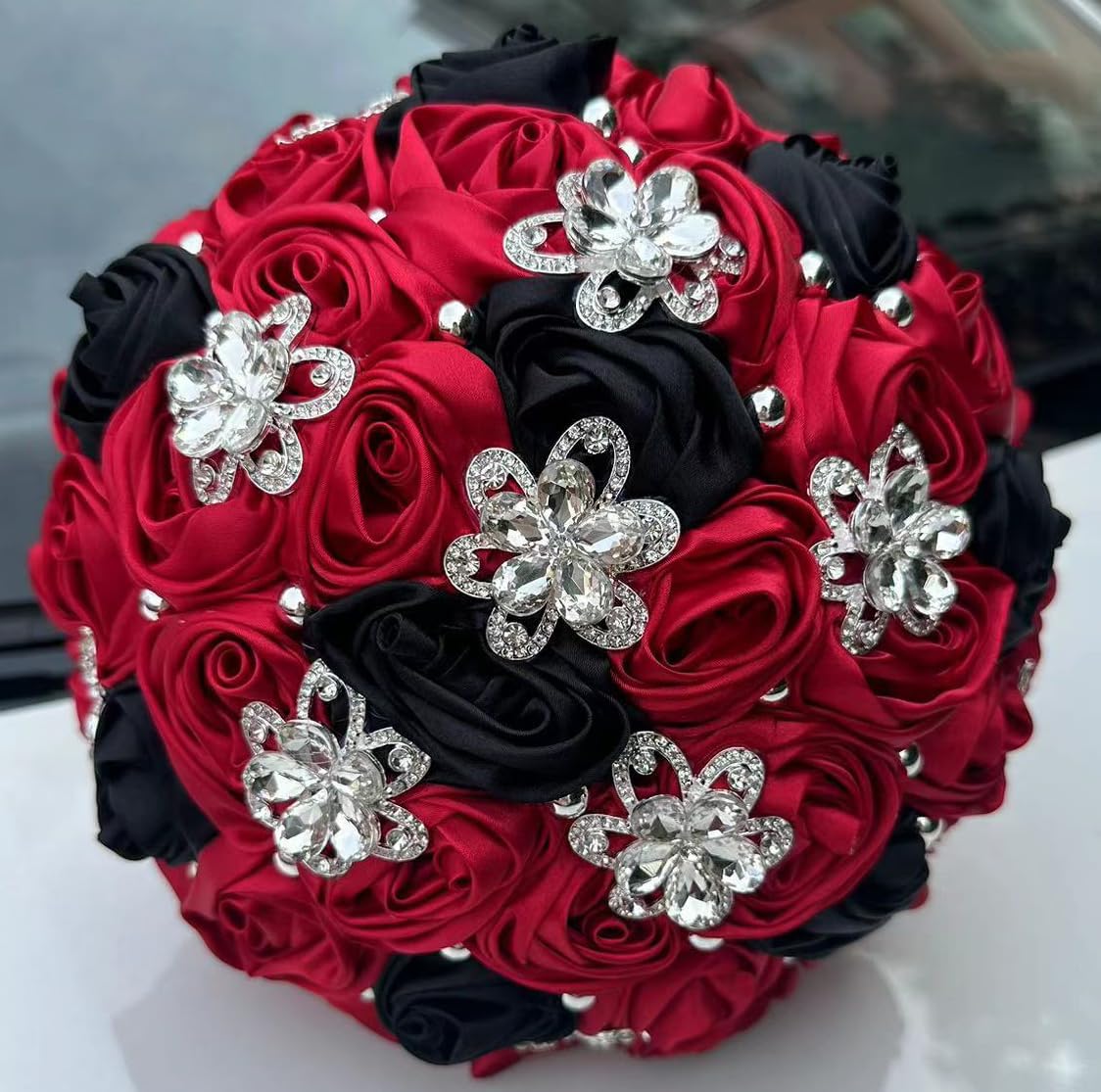 Sharebeauty 7.1" Handmade Satin Rose Bridal Bouquet Toss Round Wedding Bouquet Throw Toss Artificial Flower Bunch Ruby Red + Black