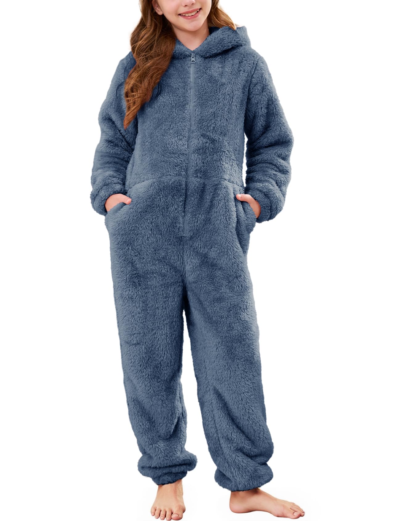 Flygo Girls Fleece Hooded Jumpsuit Fuzzy Winter Onesie Romper Costume