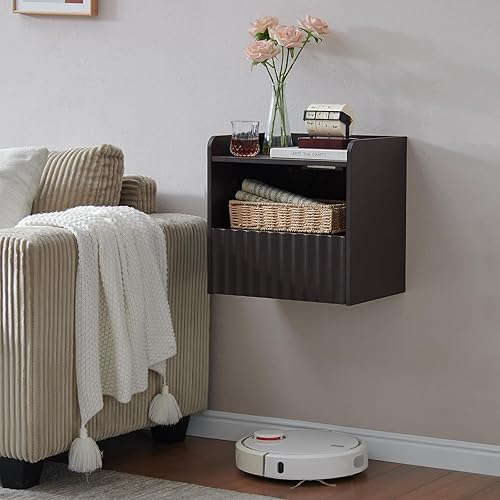 Miniatura 15 de Mesita de Noche Flotante Acanalada Moderna Montada en Pared Juego de 2 - Mesa de Noche con Cajón de Almacenamiento y Estante de Exhibición, Muebles