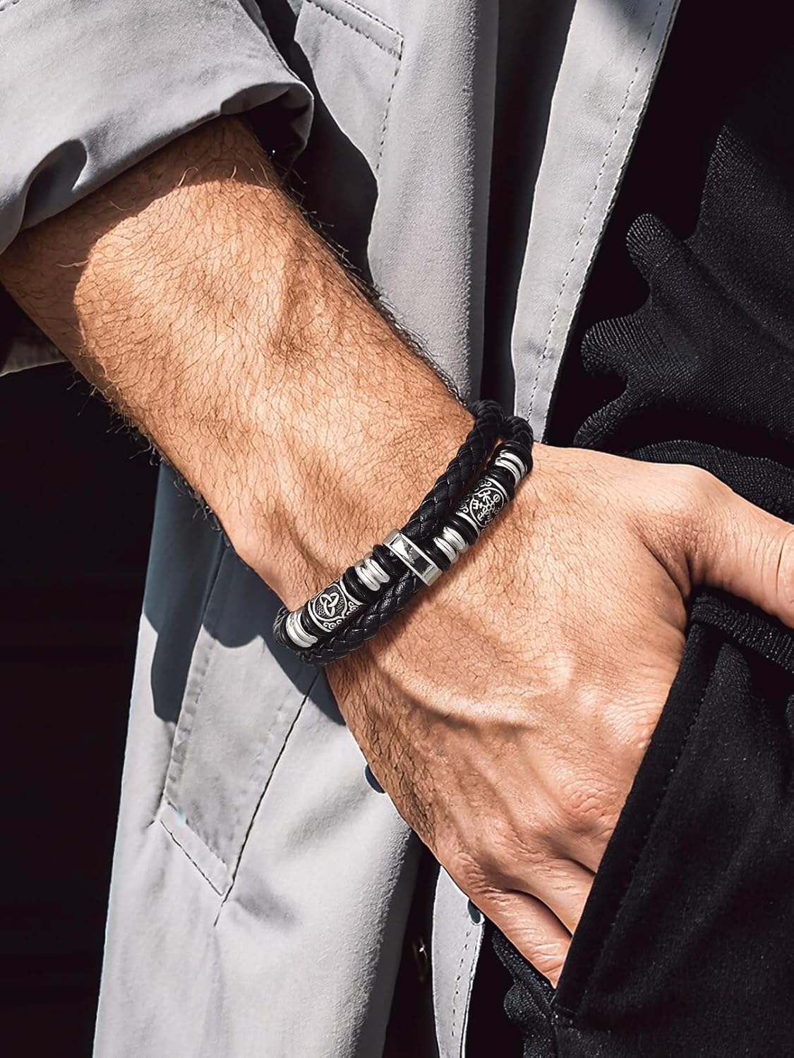 Bandmax Celtic Knot Beads Cuff Bracelets for Men Waterproof Durable Braided Wax Rope Bracelet Wristband 7-9 Inch Gift for Son Husband Grandson Father - Image 4