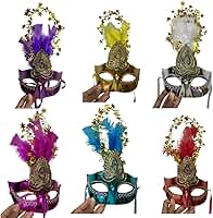 Máscara Veneziana de Carnaval comGliter Plumas Penas e Estrelas Douradas, Luxo para Festa Fantasia, Halloween e Baile