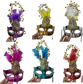 Máscara Veneziana de Carnaval comGliter Plumas Penas e Estrelas Douradas, Luxo para Festa Fantasia, Halloween e Baile