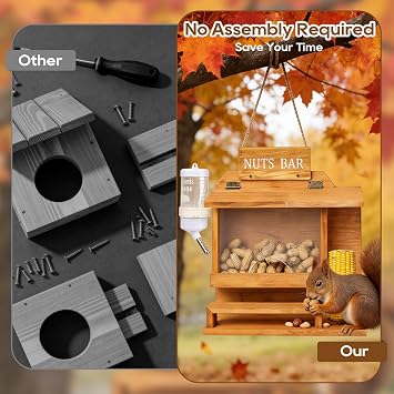 Extra Large Size Squirrel Feeders for Outside, One-Piece Carbonized Squirrel Feeder Chipmunk House, Funny Squirrel Feeder with Water Feeder, Durable Wooden Chipmunk House Box for Corn Peanuts