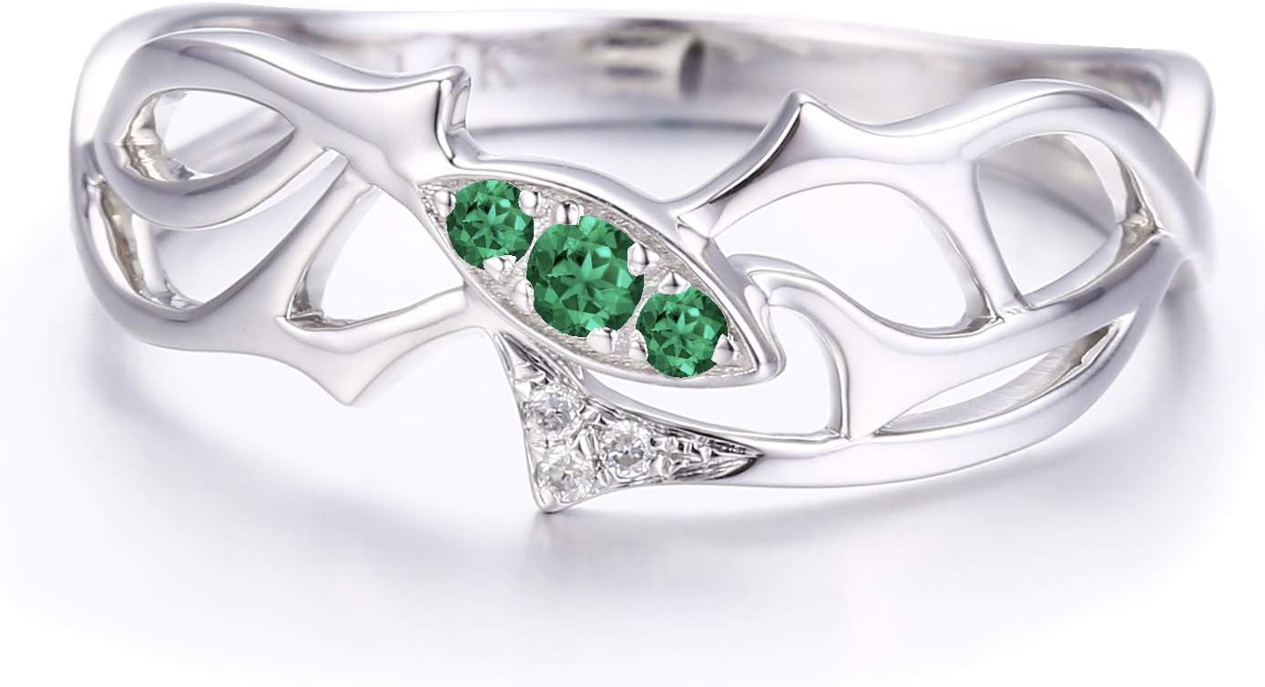 Alternative engagement ring in 14k white gold by Majade, Unique emerald & diamond wedding ring, Gothic thorn engagement ring, Rose thorn emerald gold band, emerald promise ring, May birthstone ring