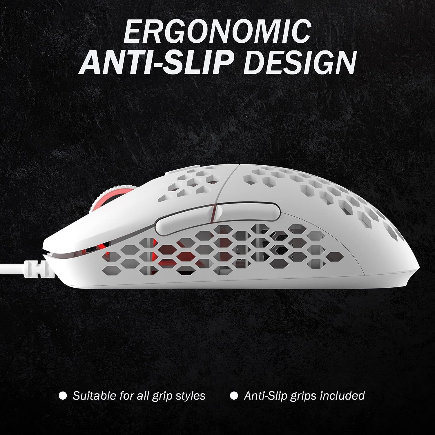 HK Gaming Mira S Mouse da Gioco RGB Ultraleggero - Superficie a Nido d’Ape, 61 Grammi, Max 12000 Cpi, Con Cavo USB, 6 Tasti Programmabili, Memoria Integrata, Presa Antiscivolo, Mira-S Bianco