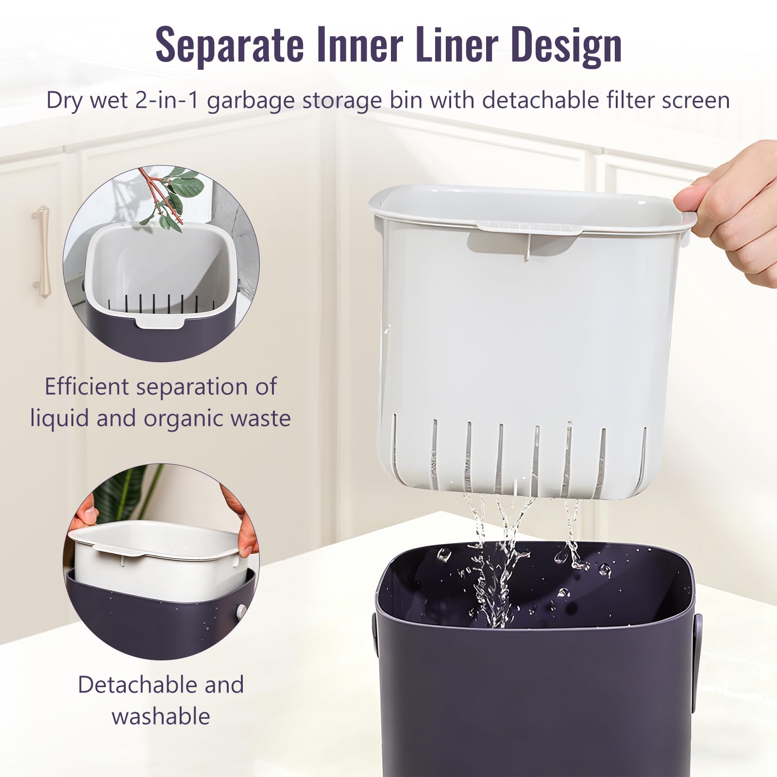 Compostiera da Cucina 4L con Coperchio, Pattumiera Organico Cucina 2 in 1 | con Filtro Rimovibile, Bidoncino Umido Cucina Separazione Secco Umido, Anti Odori, Facile da Pulire, Plastica PP Riciclabile