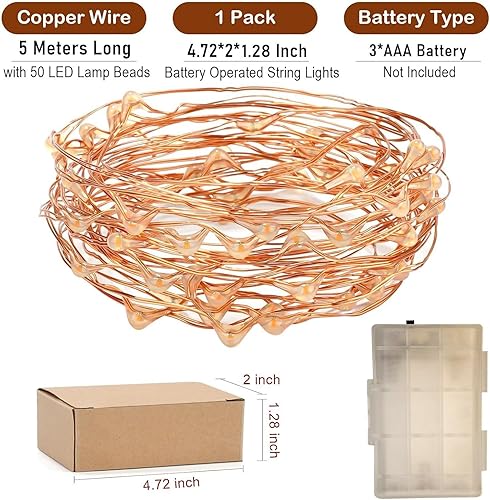 Miniatura 3 de Guirnalda de luces que funcionan con pilas, alambre de cobre de 16.4 pies, 50 luces LED, mini luciérnaga, luces estrelladas para dormitorio,
