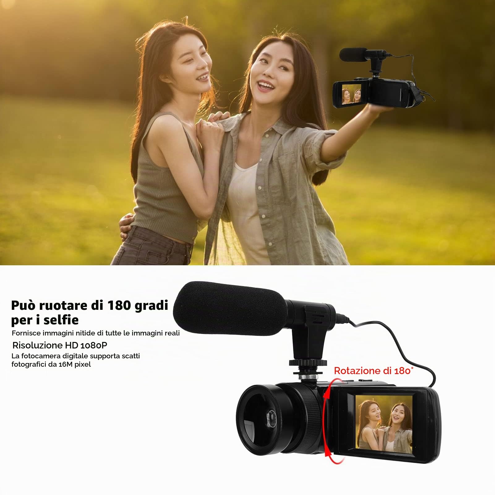 videocamera 4K 48MP YouTube Camera IR Visione Notturna 2.4 Pollici Touchscreen Ruotabile a 180° per Microfono, Paraluce, Obiettivo