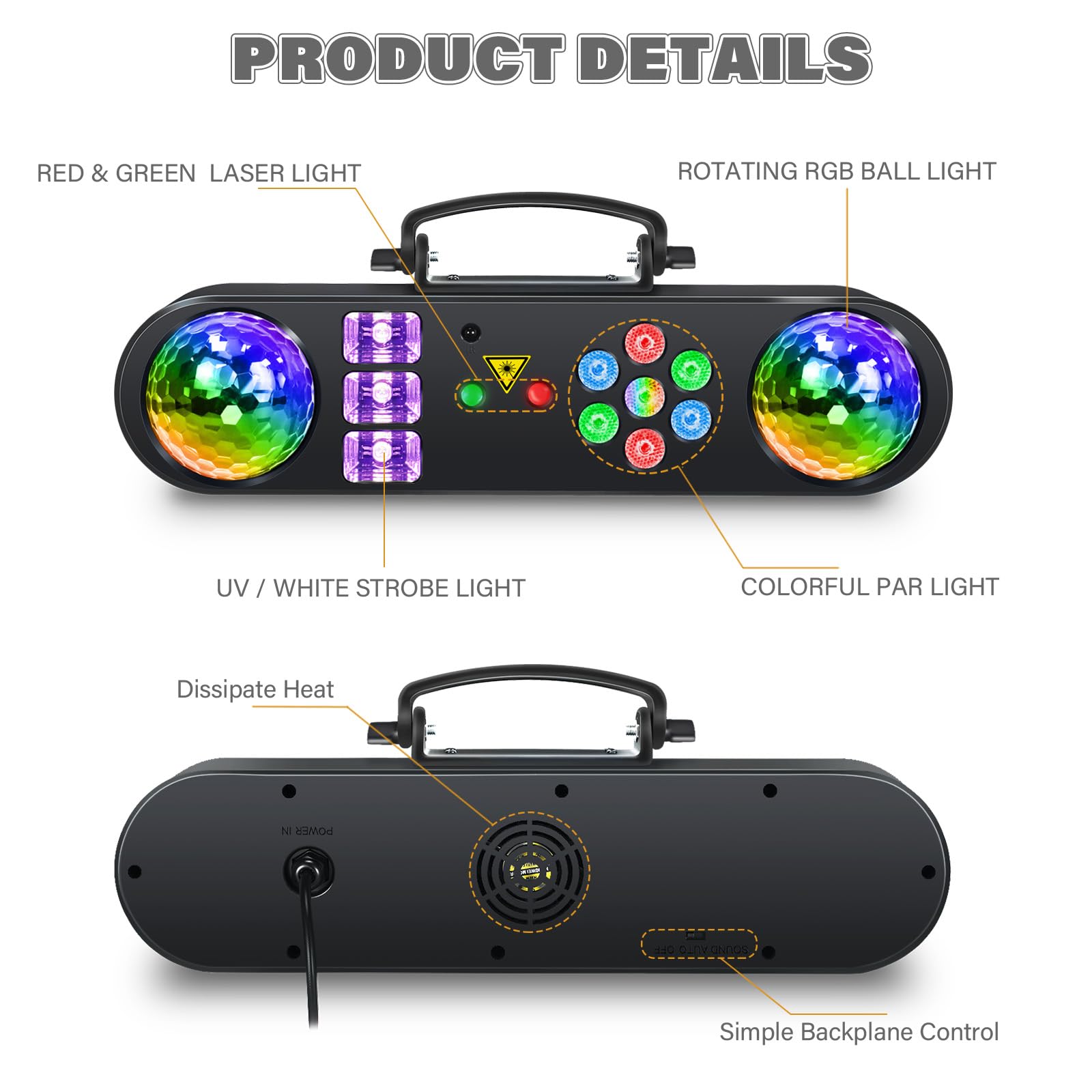Telbum Luces de DJ con soporte, juego de luces de bar 5 en 1 con bola giratoria/estroboscópico/UV/LED colorido par y efecto de patrón, sistema de iluminación de DJ activado por sonido para discoteca