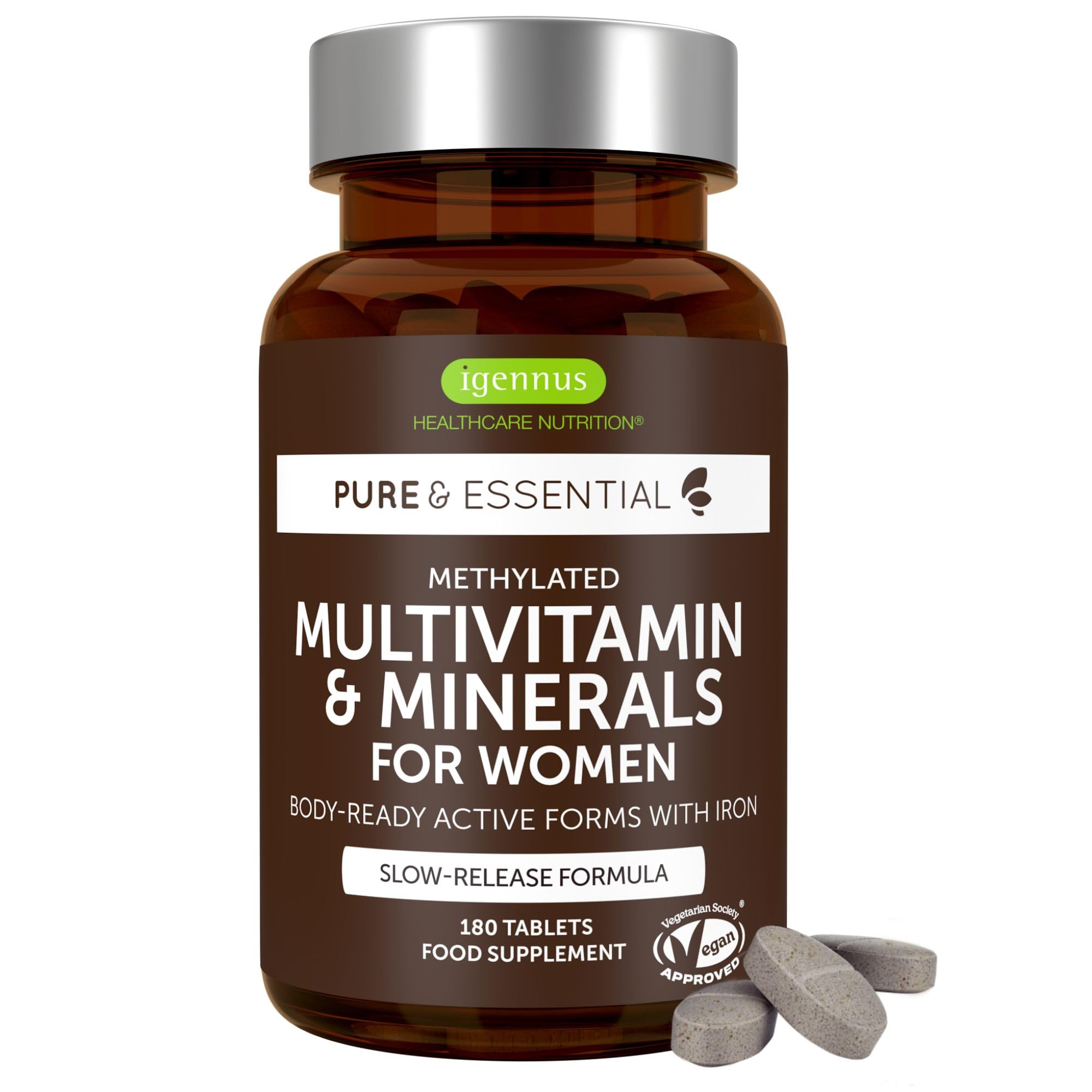 Igennus Multivitaminico Donna con Metilfolato, Metilcobalamina B12 e Ferro, Formula a Rilascio Prolungato e Alto Assorbimento con Vitamine B Metilate, 180 Compresse Vegane, Ingredienti Puliti e Puri