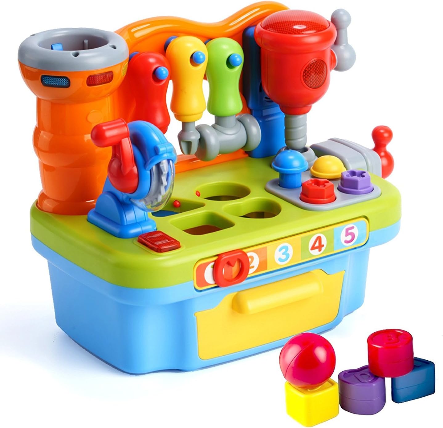Multifunctional Musical Learning Tool Workbench Toy Set for Kids with Shape Sorter Tools