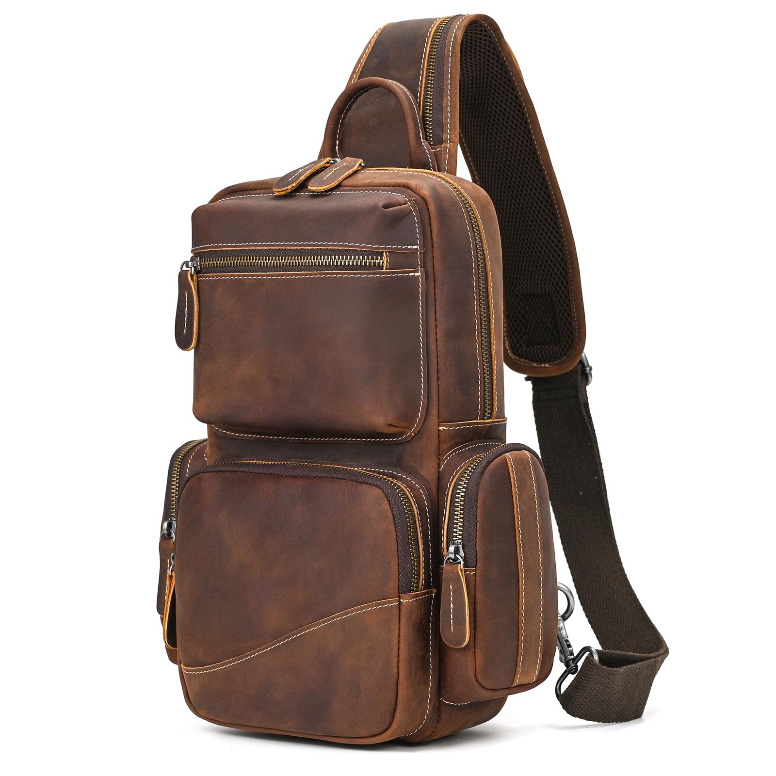 Zaino Monospalla Uomo Vera Pelle Borsello Uomo Pelle Tracolla Spalla Sling Bag Crossbody Bag Borse Petto per Trekking Viaggi Lavoro Scolastici