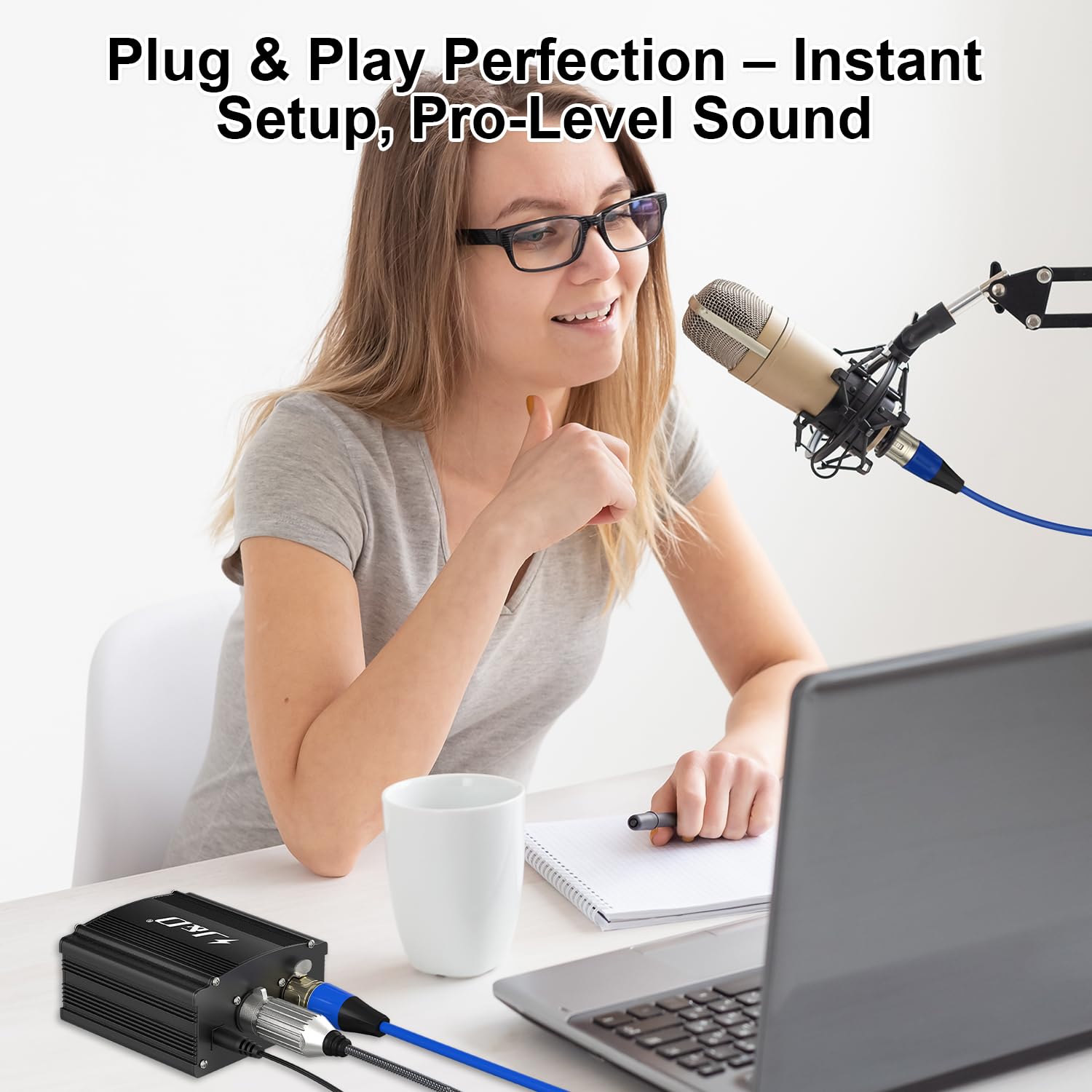J&D Fuente de Alimentación Phantom 48V, Diseño de 1 Canal con Adaptador, Compatible con Todos los Micrófonos de Condensador, Ideal para Grabación Musical Profesional y Uso en Estudio, Negro