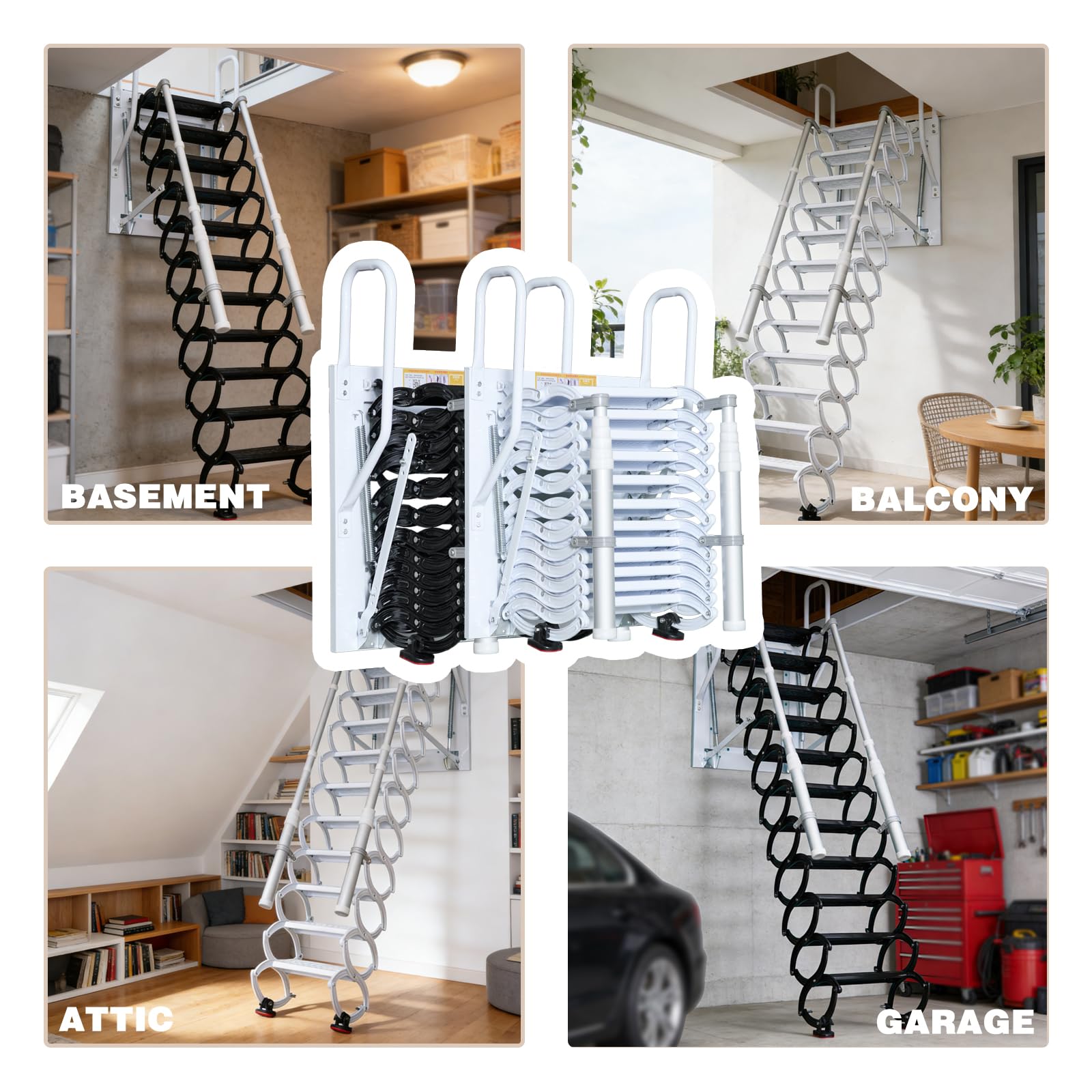 Escalera telescópica para ático montada en la Pared, Escaleras para ático desplegables con reposabrazos, Escaleras de ático de Pared abatibles, Exteriores (Blanco, A-12)