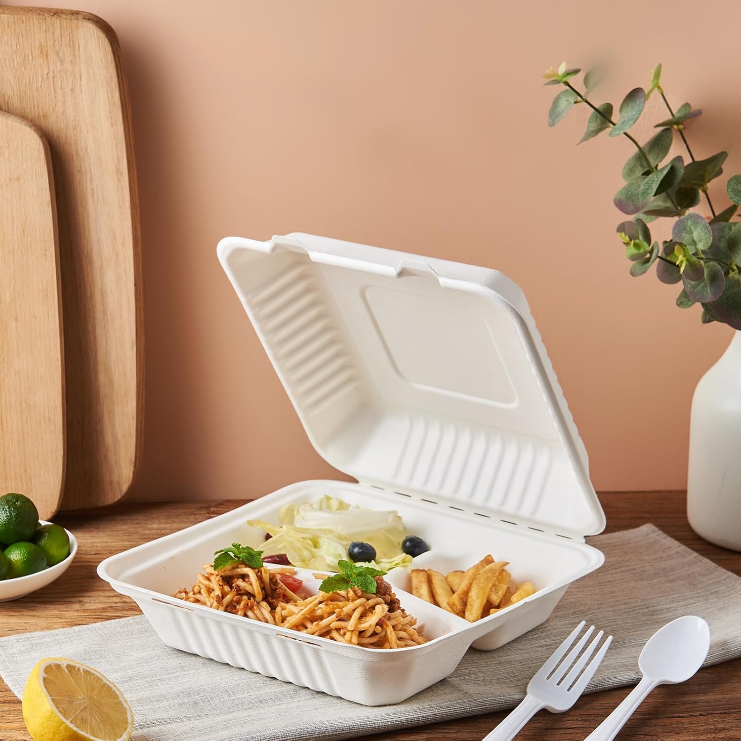 [9X9 3-Compartment 75-Pack Bio Natural Clamshell Take Out Food Containers with Lids, Disposable Bagasse Togo Plates, Eco-Friendly Biodegradable Made of Sugar Cane Fibers