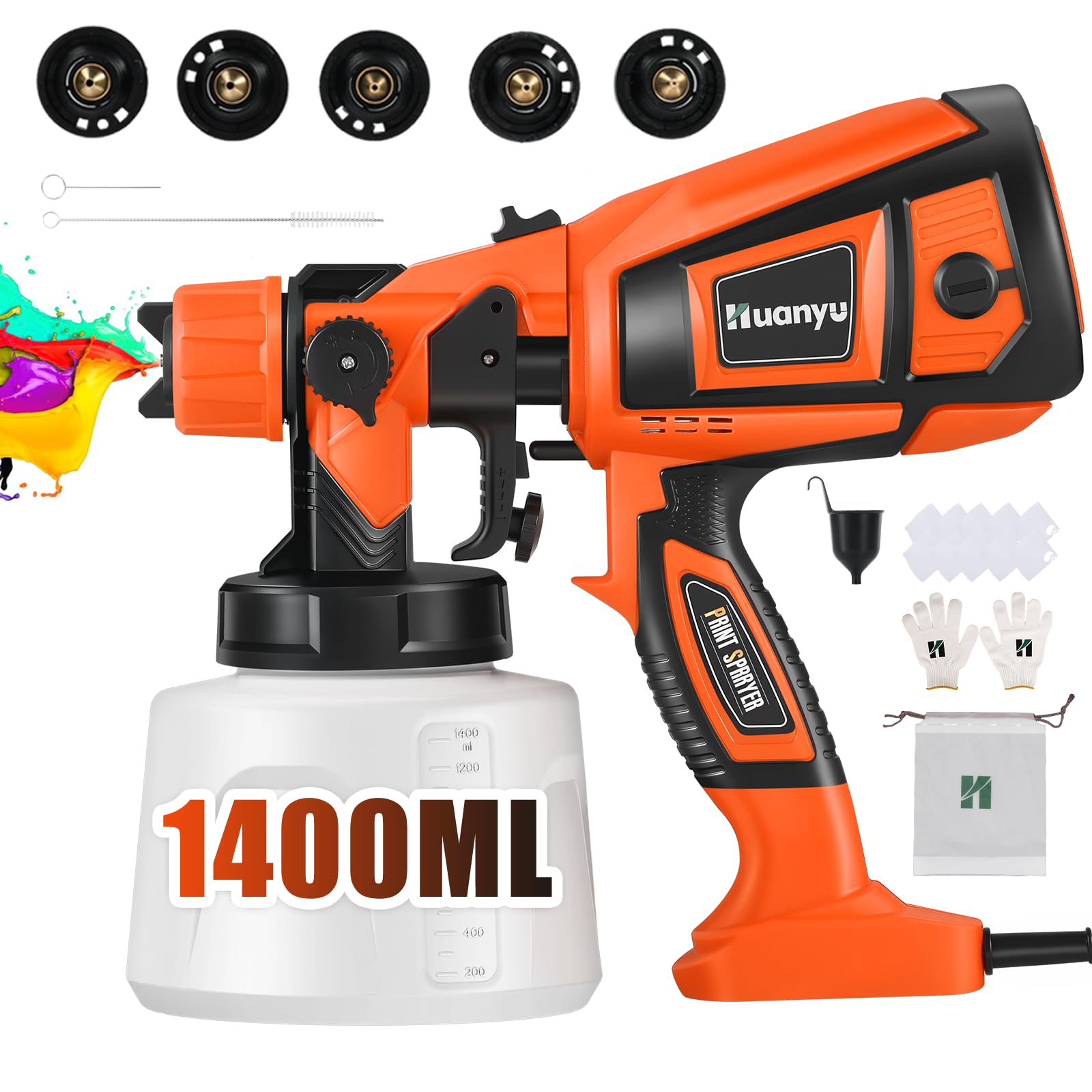 Huanyu Spruzzatore elettrico 850W Pistola per verniciatura a spruzzo elettrica con contenitore da 1400ml Pistola a spruzzo potente con 5 ugelli Pistola a spruzzo regolabile (Arancione)