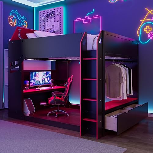 Miniatura 19 de Cama loft de madera para juegos de tamaño matrimonial con escritorio para computadora y luces RGB, cama para juegos, armario abierto integrado y