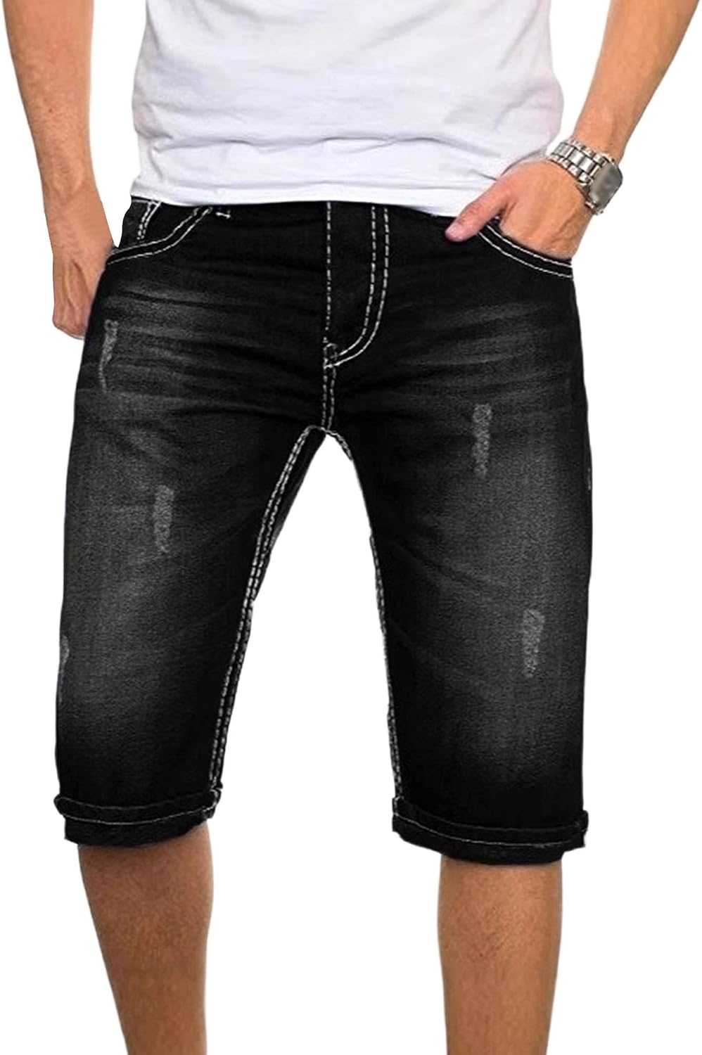 Maiyifu-GJ Men's Casual Denim Shorts Ripped Slim Fit Stretch Skinny Jean Shorts for Men