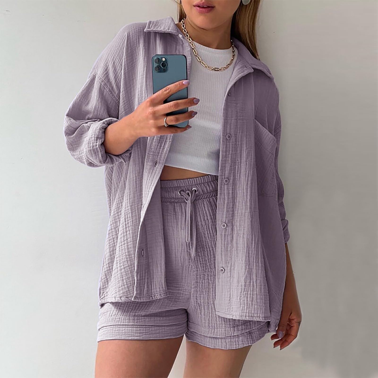 Generisch Conjunto de pantalones cortos de manga larga para mujer, conjunto de dos piezas