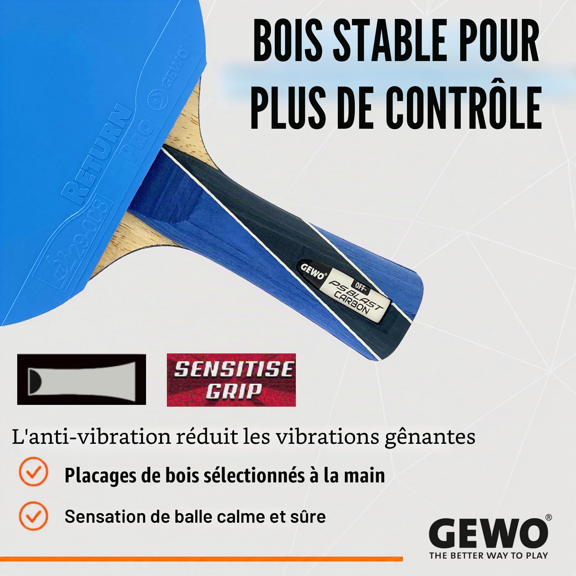 GEWO PS Blast Carbon Raquette de tennis de table professionnelle approuvée ITTF, raquette en carbone avec revêtement rapide GEWO Return Pro et propriétés de rotation élevées, concave, éponge de 1,8 mm