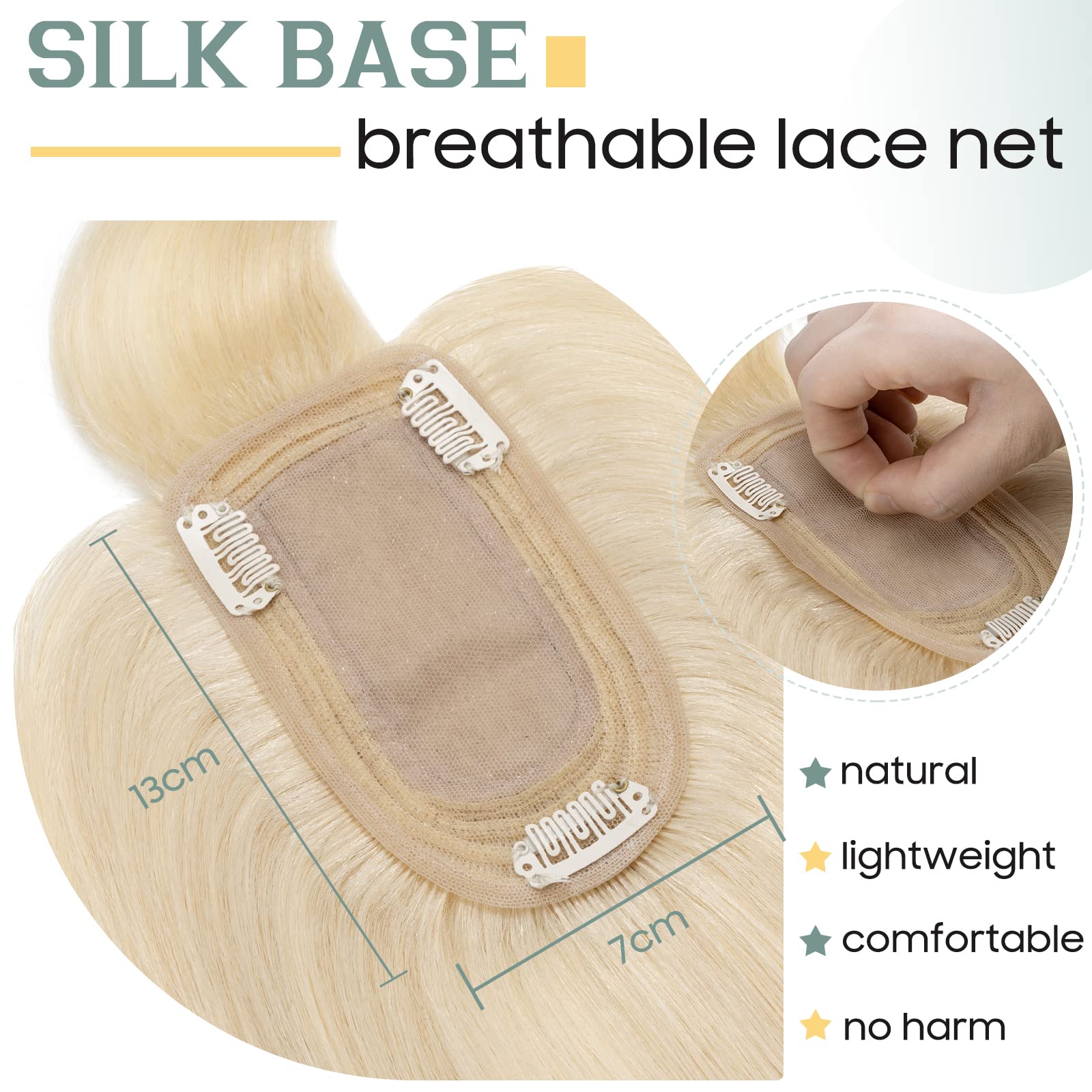 S-noilite Human Hair Toppers for Thinning Hair Women UK 130% Density Topper With Fringe Real Human Hairpiece 53g(#60 Platinum Blonde - Image 3