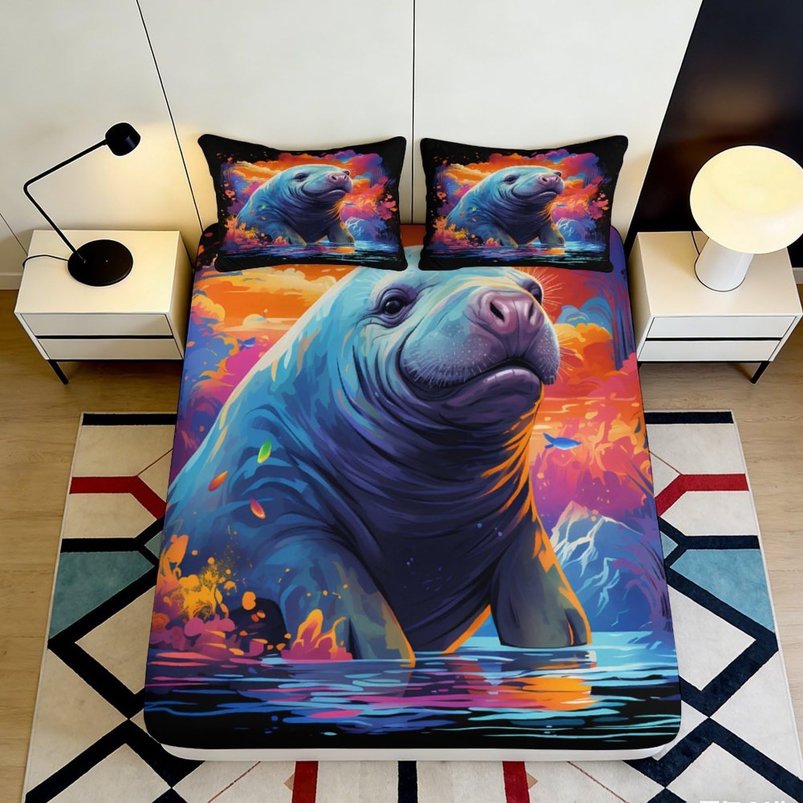 3D Printed Manatee Ocean Fitted Sheet Microfiber Soft Colourful Sunset Mattress Cover for Bedroom Guest Room 90x200x25cm