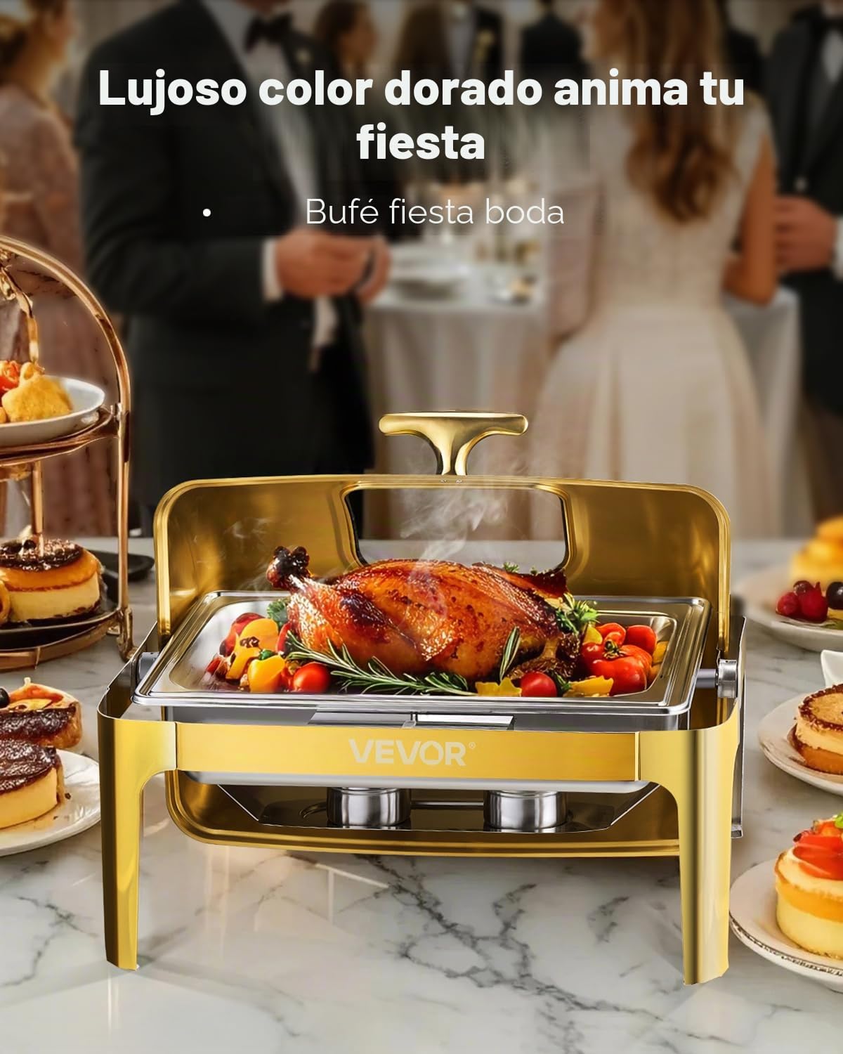 VEVOR Juego de Calentador de Alimentos Acero Inoxidable con Sartenes Tamaño Completo(8,5 L), Rectangular, con Tapa Visible y Soporte para Bandeja de Agua y Depósito de Combustible, Dorado, 1 ud