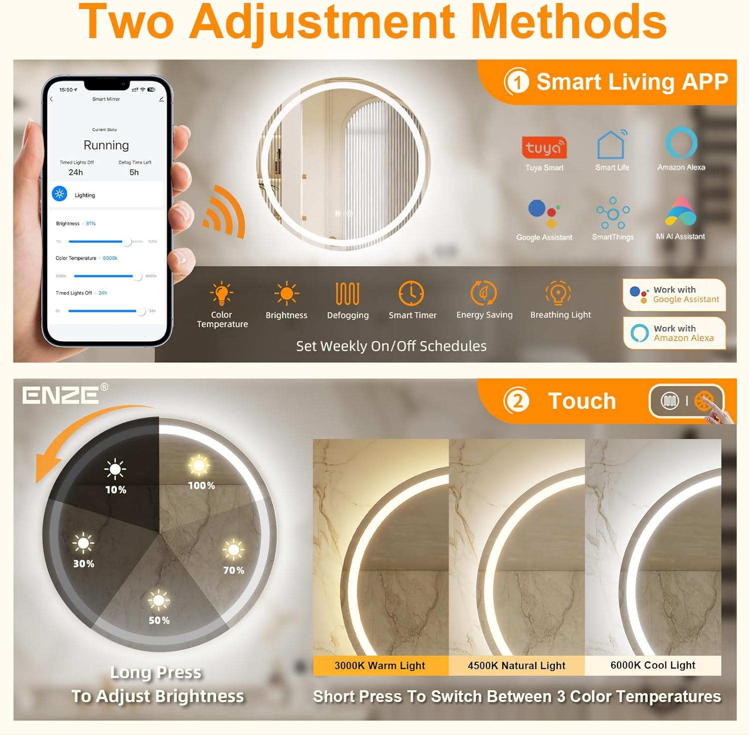 ENZE 24" Smart Round LED Bathroom Mirror - Frameless Vanity Mirror with WiFi & Voice Control (Alexa/Google), Stepless Dimmable 3-Color Lighting, Anti-Fog & 24H Timer Lighted Mirrors for Bathroom Wall
