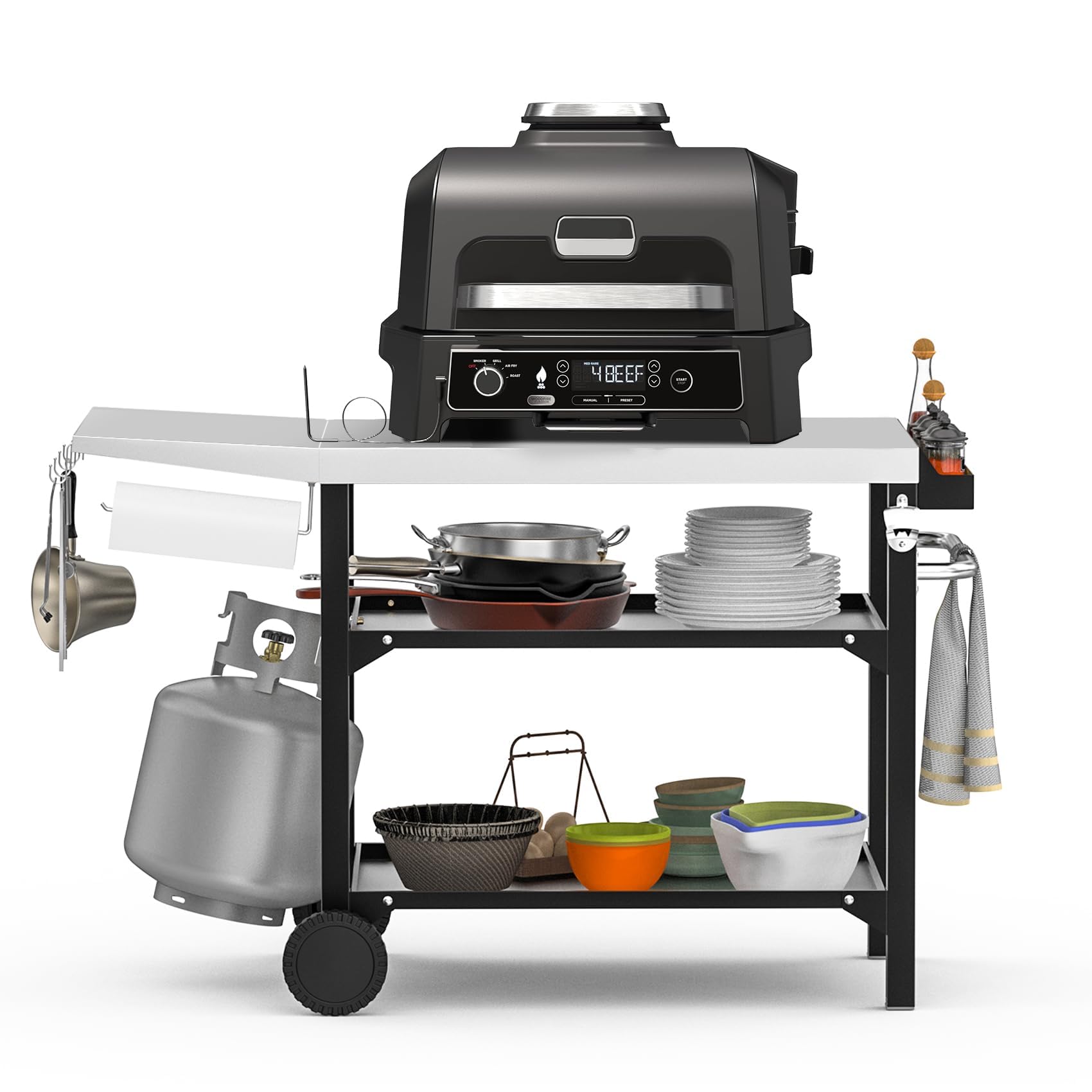 onlyfire Grillwagen 120cm mit Edelstahl Arbeitsplatte, Outdoor Grilltisch 3-Etagen für Pizzaofen und Gasgrill, Rollen und Servierwagen mit Gewürzbox, BBQ-Tisch, Outdoor Grill Trolley