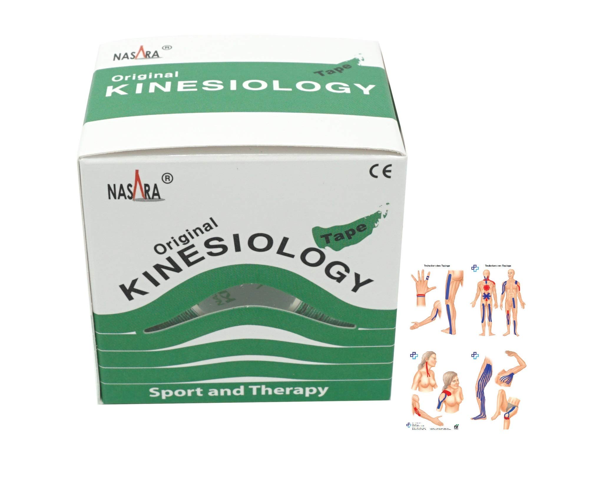 ATC Handels GmbH Nasara - Cinta de kinesiología (5 m x 5 cm, 6 unidades, incluye instrucciones con técnicas de pegado, resistente al agua y transpirable), color verde
