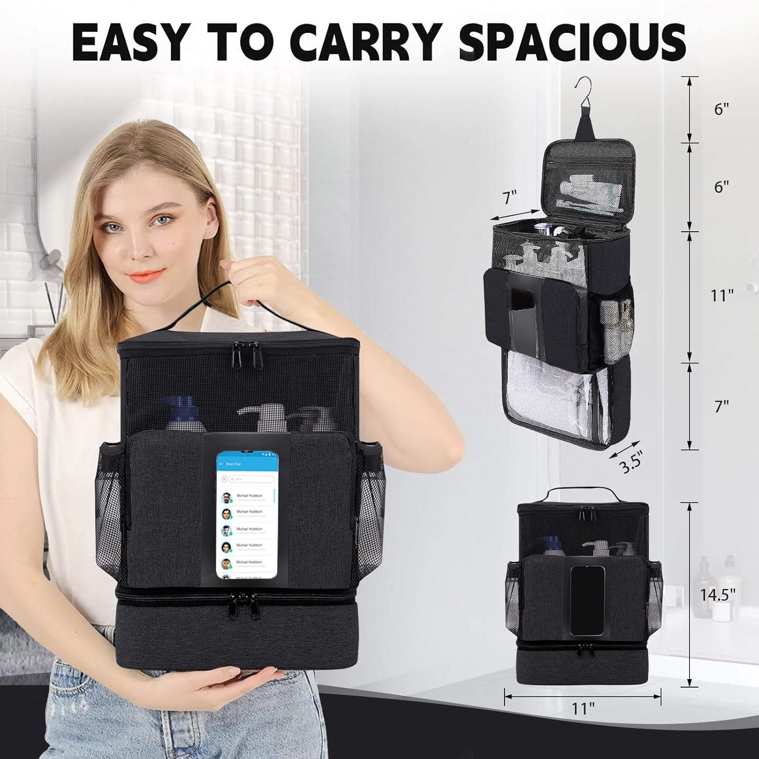 Funambulist Portable Shower Caddy College Dorm Room Essential for Girls and Guys Large-Capacity Hanging Toiletry Bag for Bathroom, Travel, and Gym (Black)