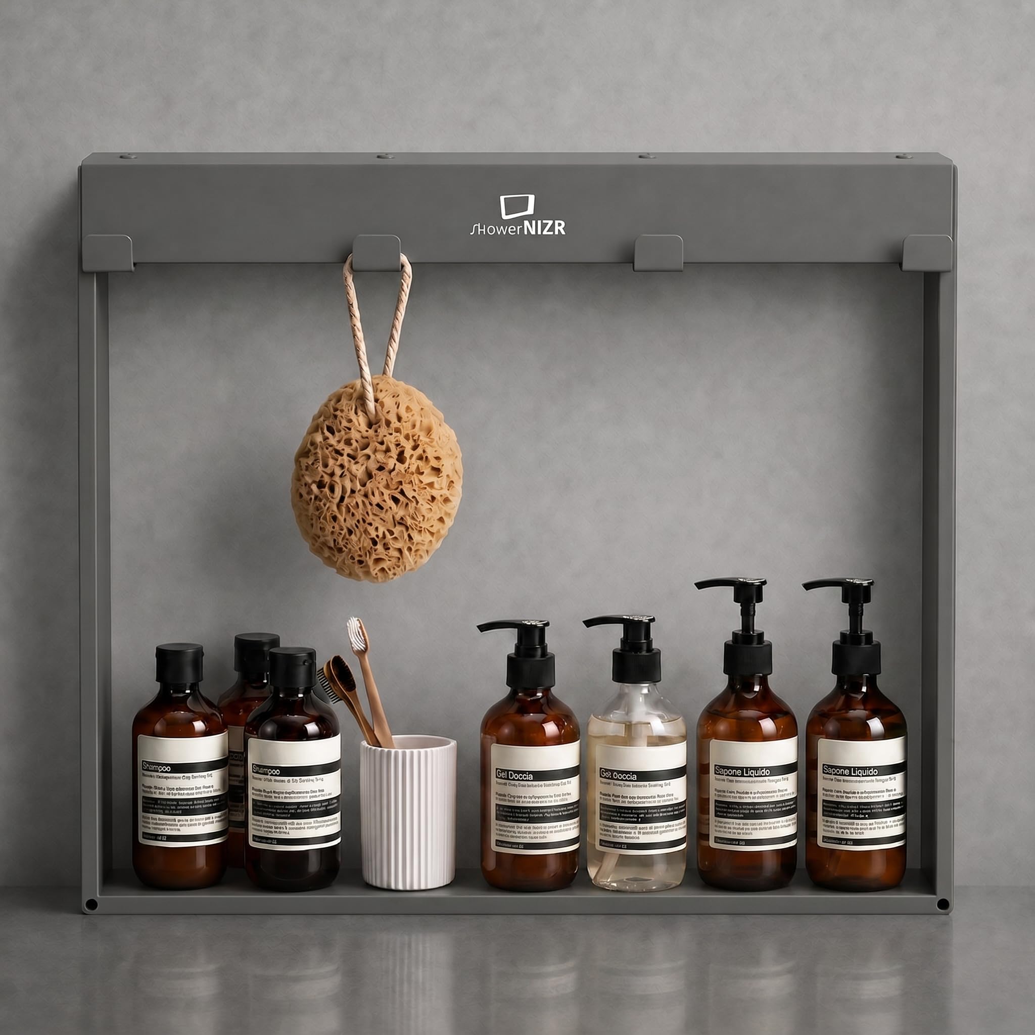 ShowerNIZR Mensola doccia Grey - Mensola doccia senza foratura da appendere alla parete in vetro in acciaio inox con 4 ganci porta shampoo per organizer doccia moderno e ordine nel box doccia