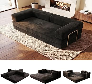 Boneless Modular Floor Sleeper Sofa Bed, 2-Seater Fold Out Futon with Fixed-Shape Frame, High-Density Foa, Chenille, for Living Room Bedroom Guest Room Black, 2-Seater