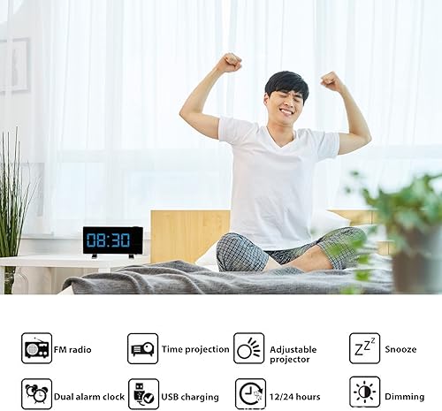 Miniatura 3 de Reloj despertador de proyección para dormitorio, radio despertador, con proyección en la pared del techo con cargador USB con 3 reguladores de