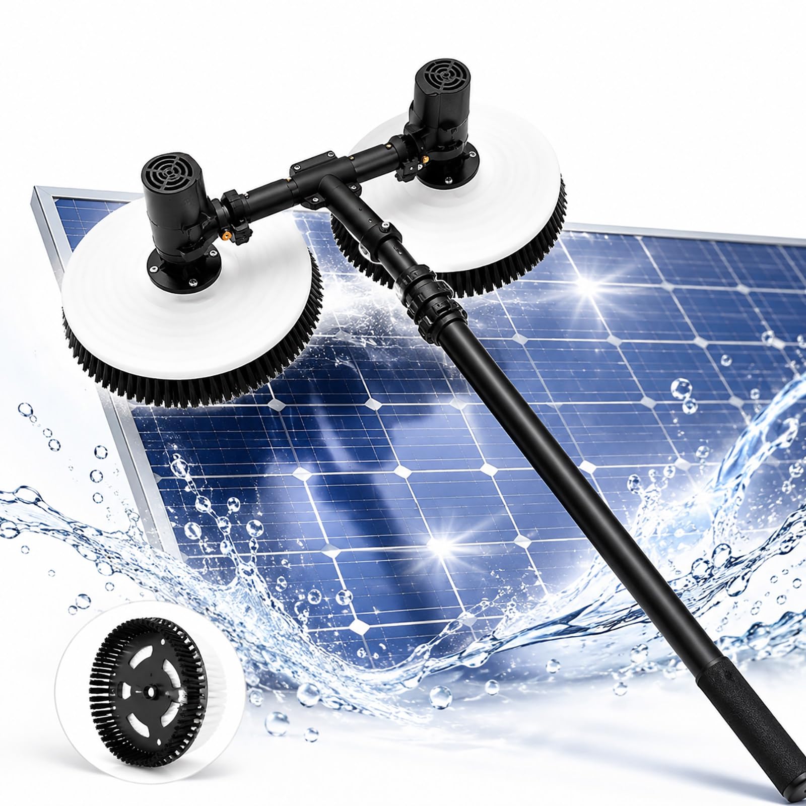 vnmudzeo Solar Panel Cleaner with Telescopic Pole – Dual Head Electric PV Panel Cleaning Brush, 65cm Cleaning Width for Rooftop, RV and Commercial Solar Panels 5.5m(18ft)
