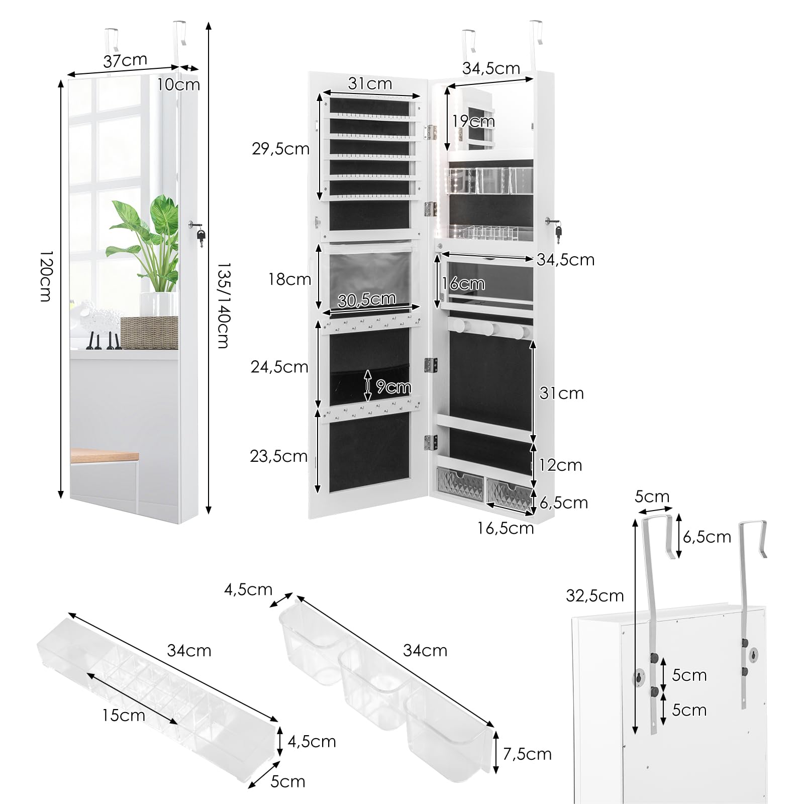COSTWAY Armario Joyero con Espejo de Puerta para Joyas con Cerradura y Luces de 3 Colores - Espejo Interior con Estante Plegable y Cajas de Almacenamiento de Plástico (Blanco)