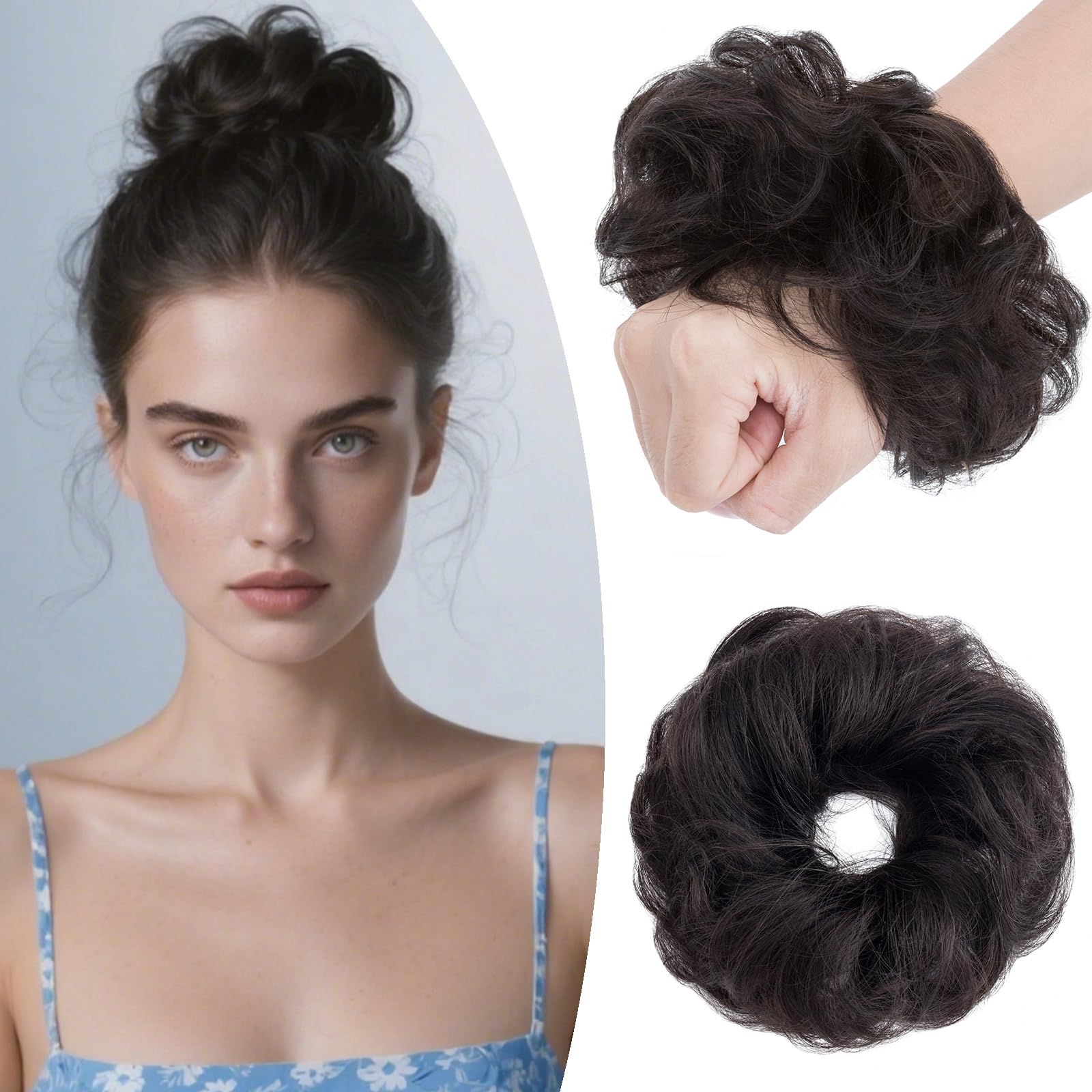 SEGO Human Hair Messy Bun Hair Scrunchies Curly Wavy Hair Piece Real Remy Donuts Updo Chignon For Women Girls,#1B Natural Black