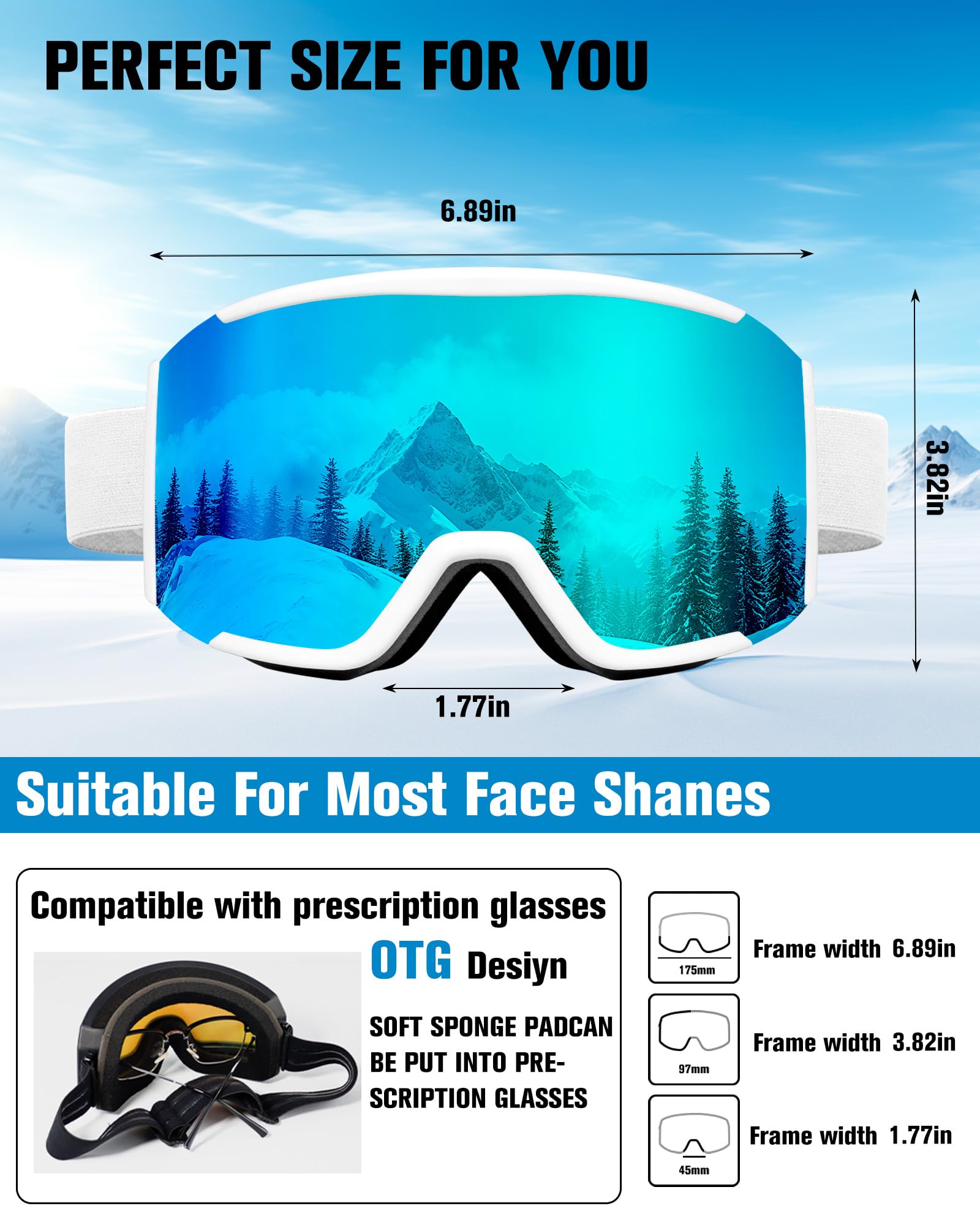 AVV OTG, occhiali da sci per uomini, donne e ragazzi, occhiali da neve e snowboard, anti appannamento, protezione UV