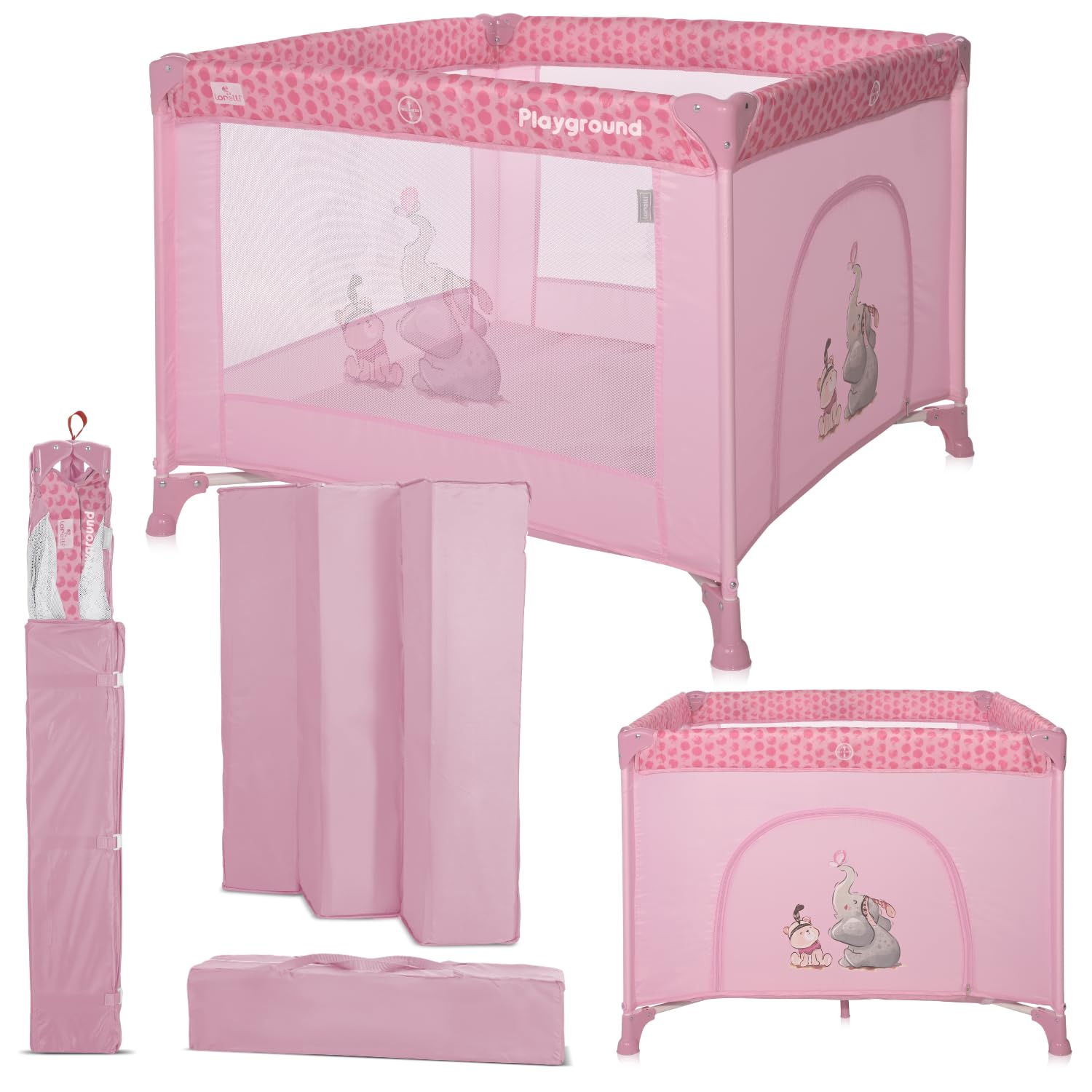 Lorelli Baby Laufstall Playground, kleiner Laufgitter 100x100 cm, Absperrgitter mit atmungsaktivem Netz, Schutzgitter mit Reißverschlusstür, faltbarer Krabbelgitter, rosa