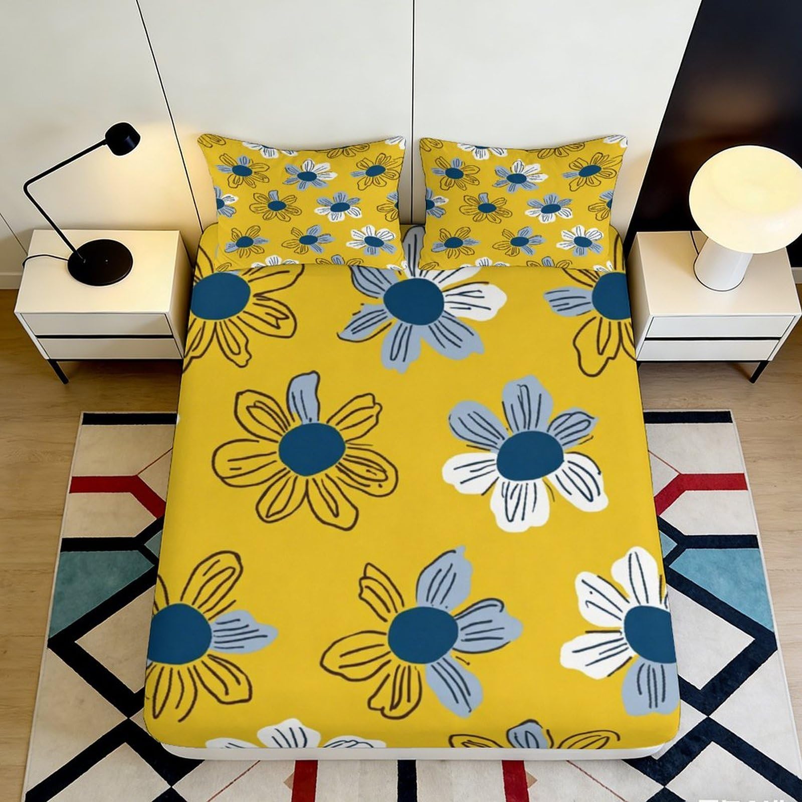 3D Printed Yellow Daisy Fitted Sheet Microfiber Floral Blue White Bed Cover for Bedroom Guest Room Machine Washable 90x200x25cm
