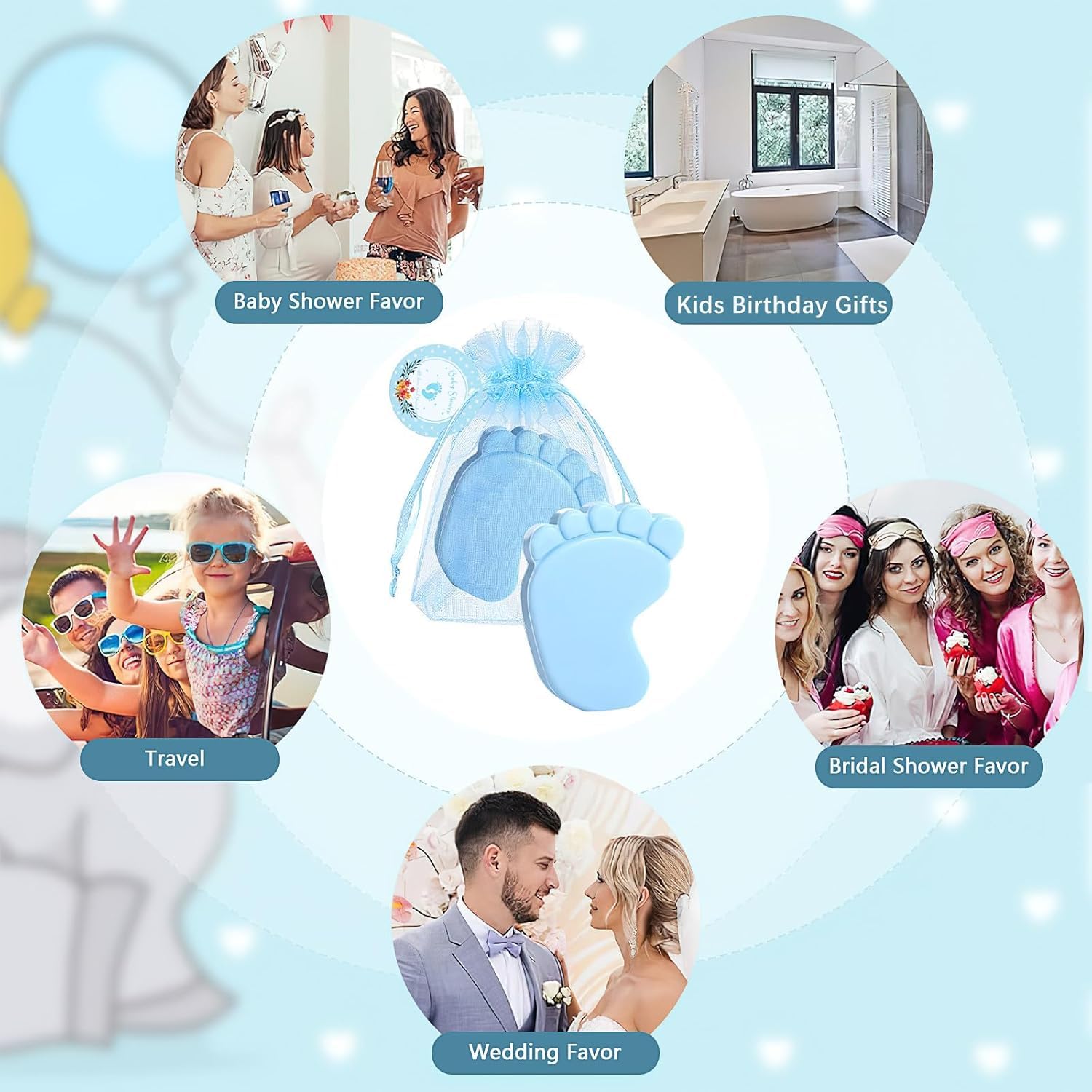 50 Stück Baby-Party-Gastgeschenke, niedlich, handgefertigt, Baby-Fußabdruck, duftende Seifen, Dankeschön, Rückgabe, Preise mit Taschen und Dankeschön-Etiketten für Hochzeit, Geburtstag, Party, Gäste