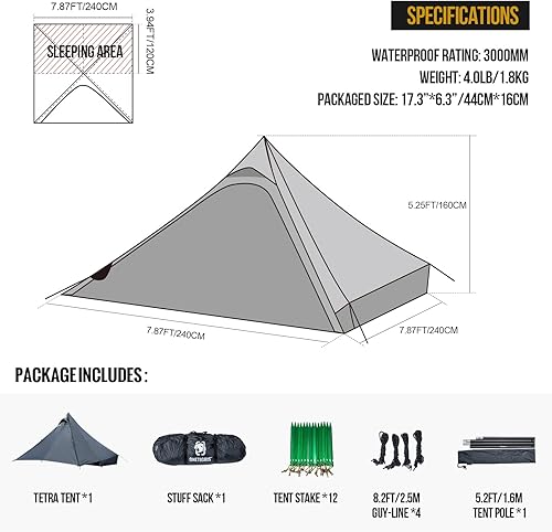 Miniatura 7 de OneTigris Tetra - Tienda de campaña ultraligera Tipi para 1-2 personas, tienda de campaña de senderismo impermeable, 3 estaciones, ideal para